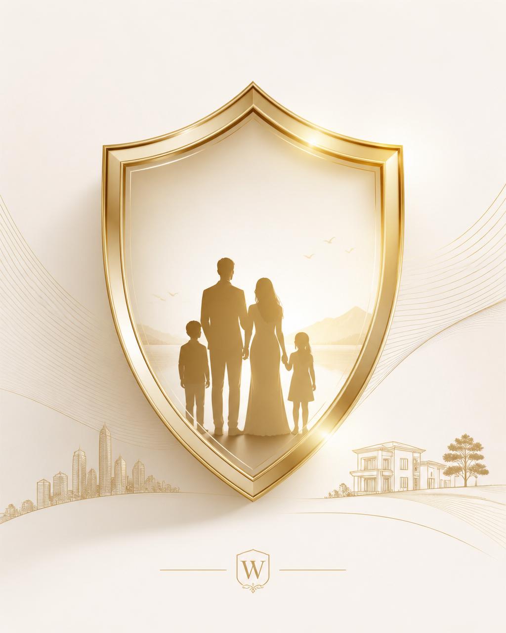 Família protegida por escudo dourado — patrimônio preservado